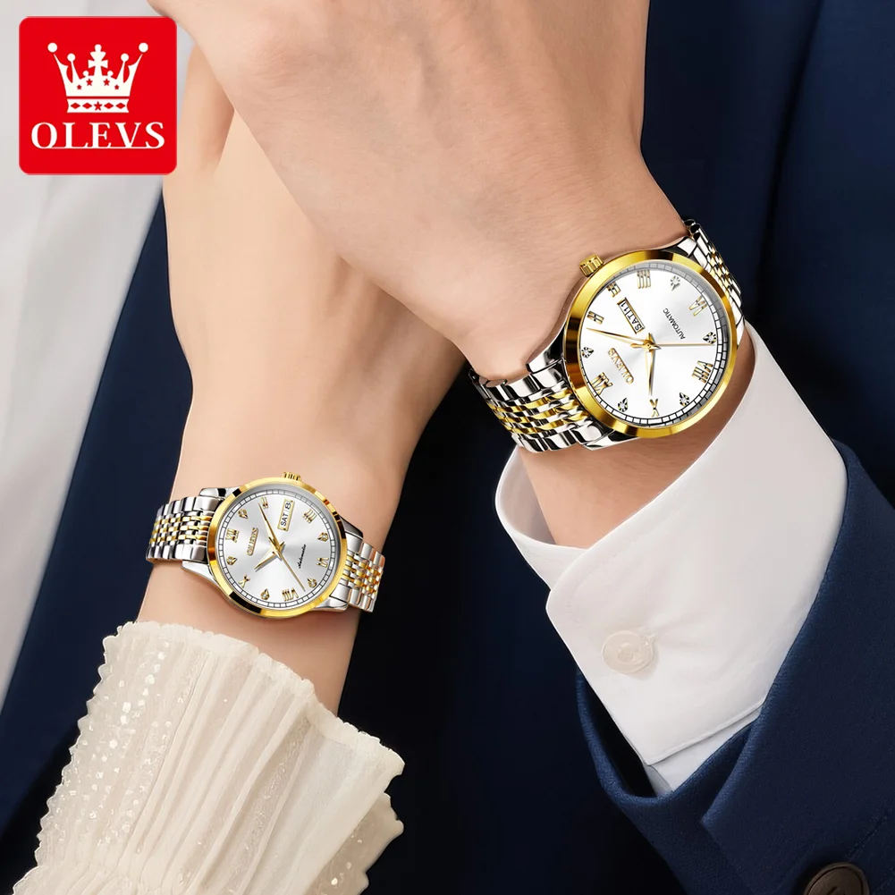 OLEVS Original Couple Watch Automatic Mechanical His and Her Set Watches Business Men and Women Watches Waterproof Date