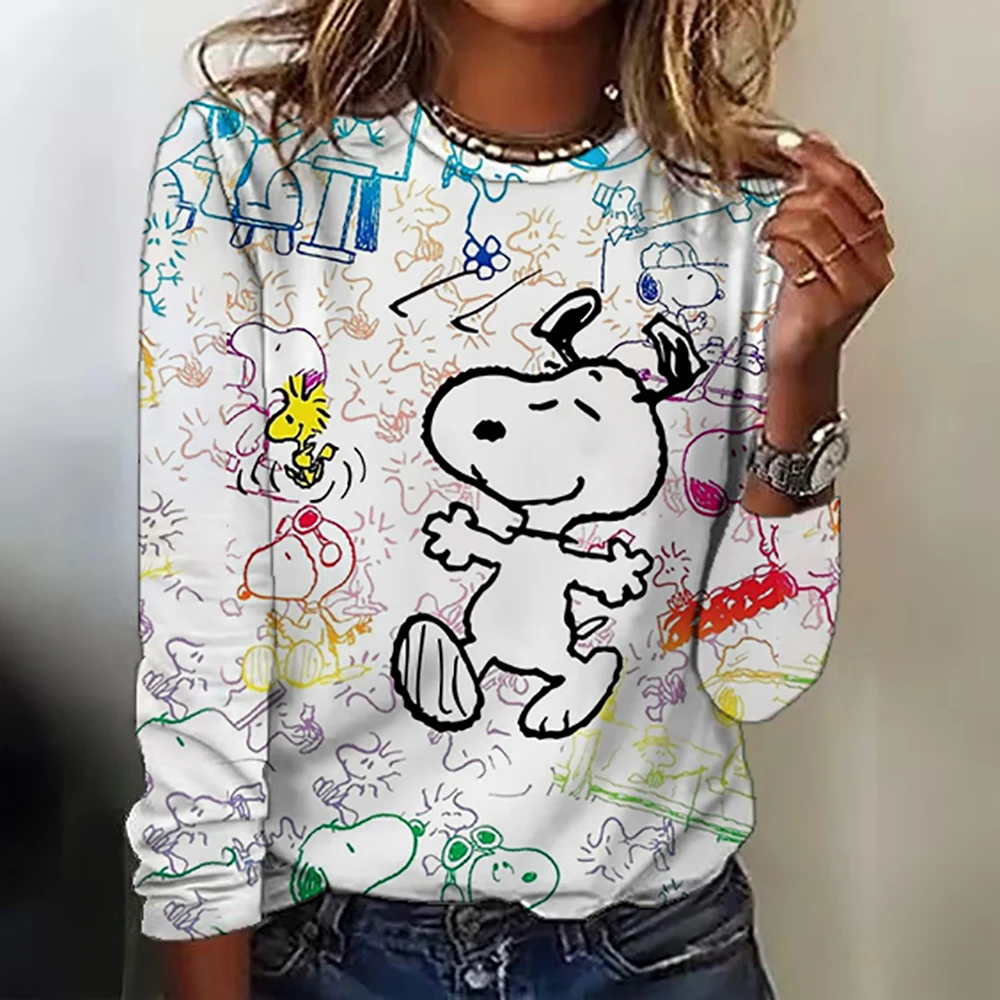 Letter &Snoopy print T-shirt, Casual Long Sleeve Crew Neck T-shirt For Spring & Summer, Women\'s Clothing