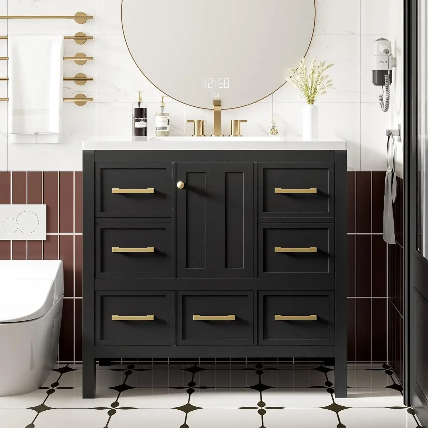 Vanity with Sink, Modern Bathroom Storage Cabinet with 5 Drawers and Door, Freestanding Bathroom Vanities with Undermount Resin