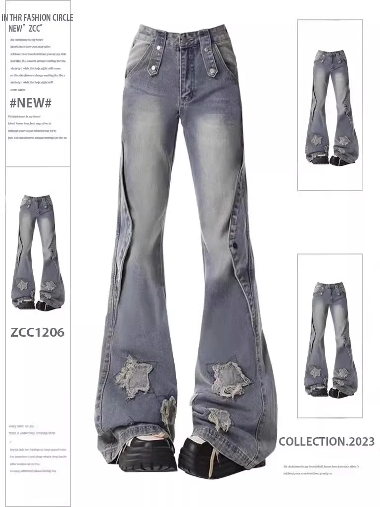 2024 neues Design Blue Micro La Jeans für Frauen Star Edge Loose Casual Flare Hosen weites Bein gerades Bein Boden ziehen Hosen