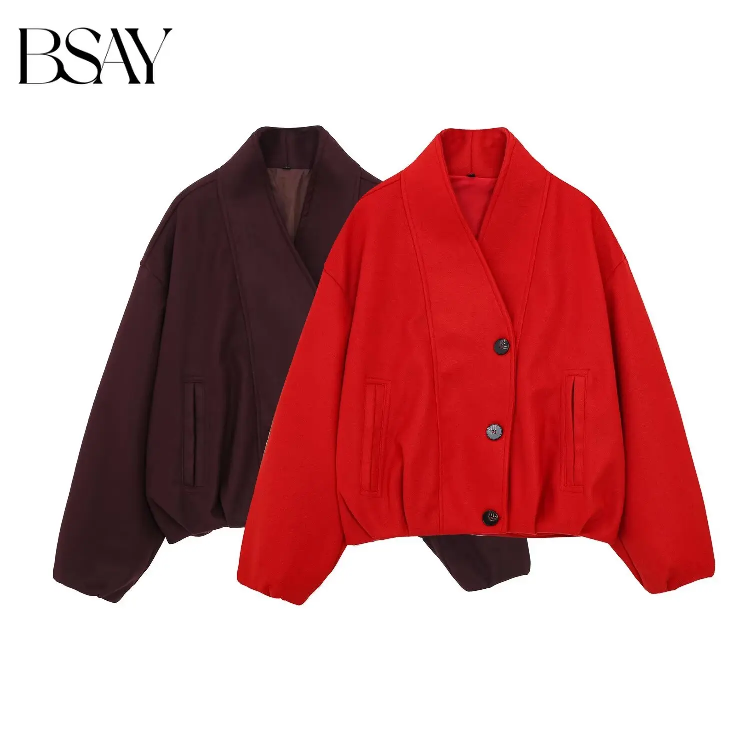 BSAY 2026 Autumn Women Casual Loose V Neck Coat Long Sleeve Drop Shoulder Single Breasted Cropped Relaxed Silhouette Outerwear