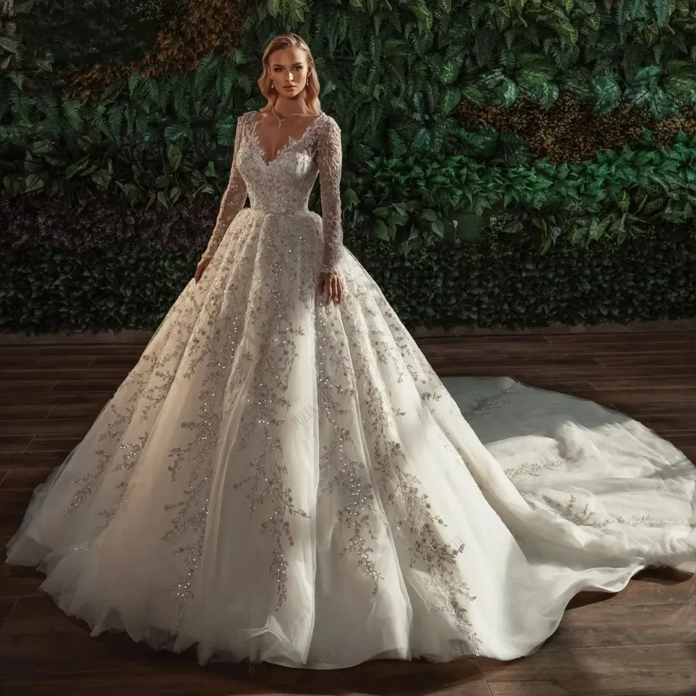 

Customized Luxury Wedding Dresses Beading Pearls Embroidery Lace Full Sleeves Princess Bridal Gowns Vestidos De Novia