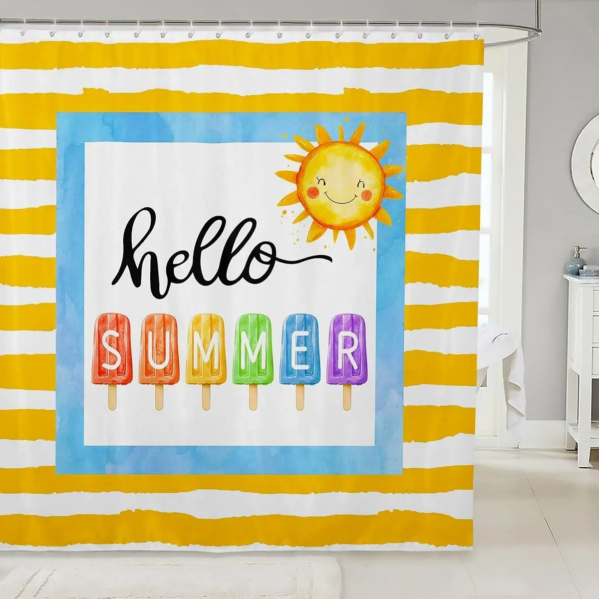 

Детская летняя пляжная занавеска для ванной, летние забавные геометрические аксессуары для ванной комнаты, солнце, красочный декор для ванной комнаты с мороженым и мороженым