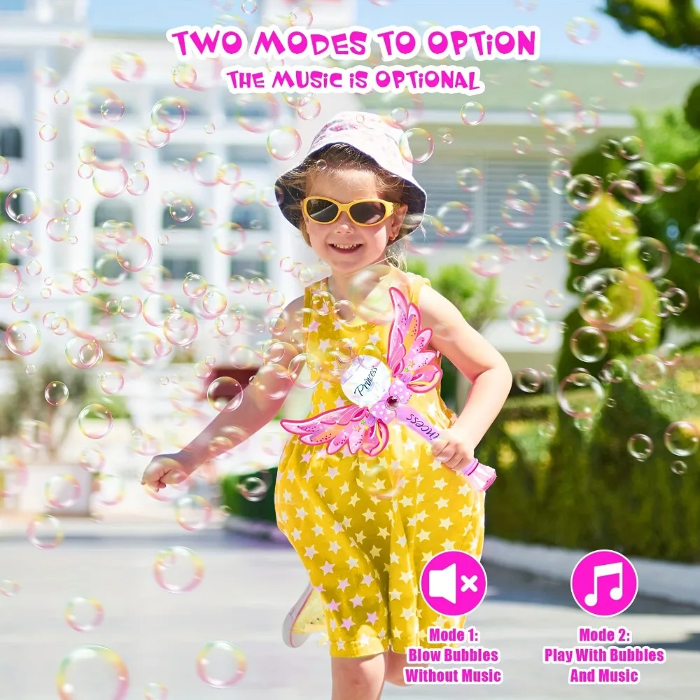 Bacchetta magica da principessa con luce a LED e musica, con macchina per bolle sonora surround, per ragazze dai 3 anni in su, feste di compleanno all'aperto
