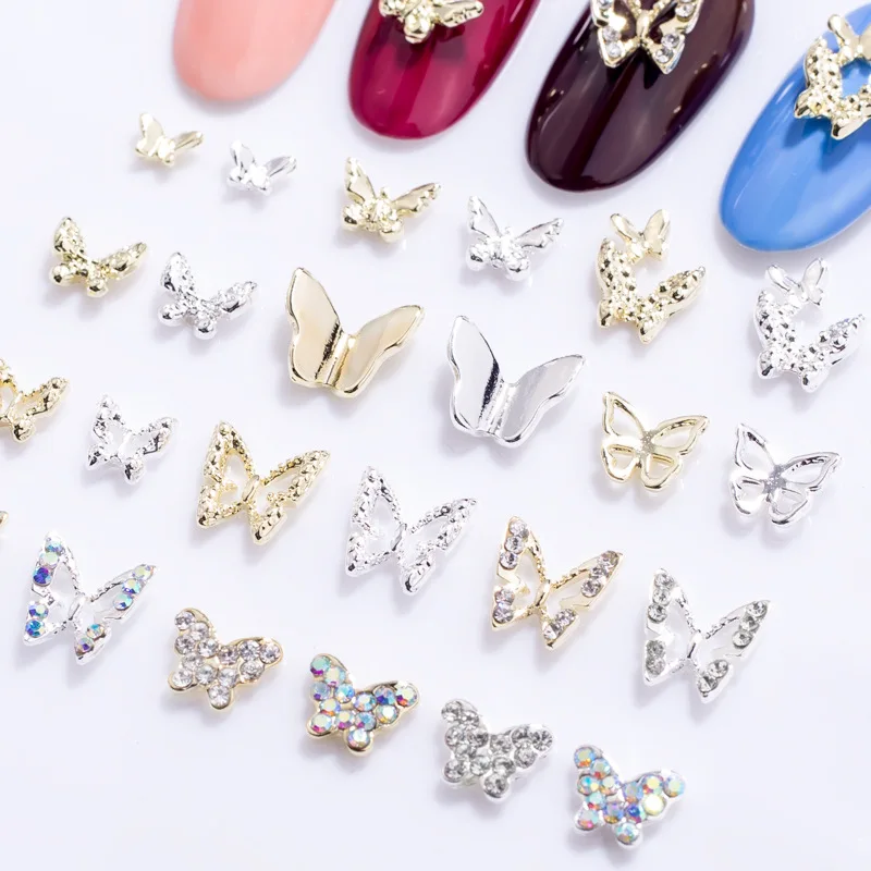 10PCS/PACK Alloy Nail Butterfly 3D Nail Art Decoration Mini Crystal Strass Decor Butterfly Charms Gems Manicure Nail Art Jewelry