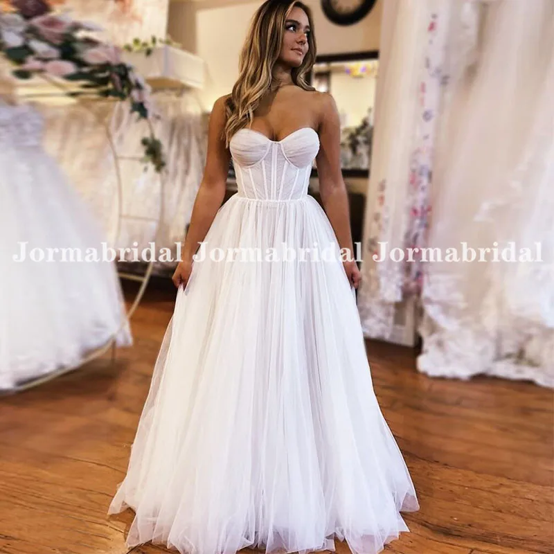 Querida praia vestidos de casamento corpete desossa a linha vestido de noiva até o chão princesa fluindo tule boho vestidos de casamento