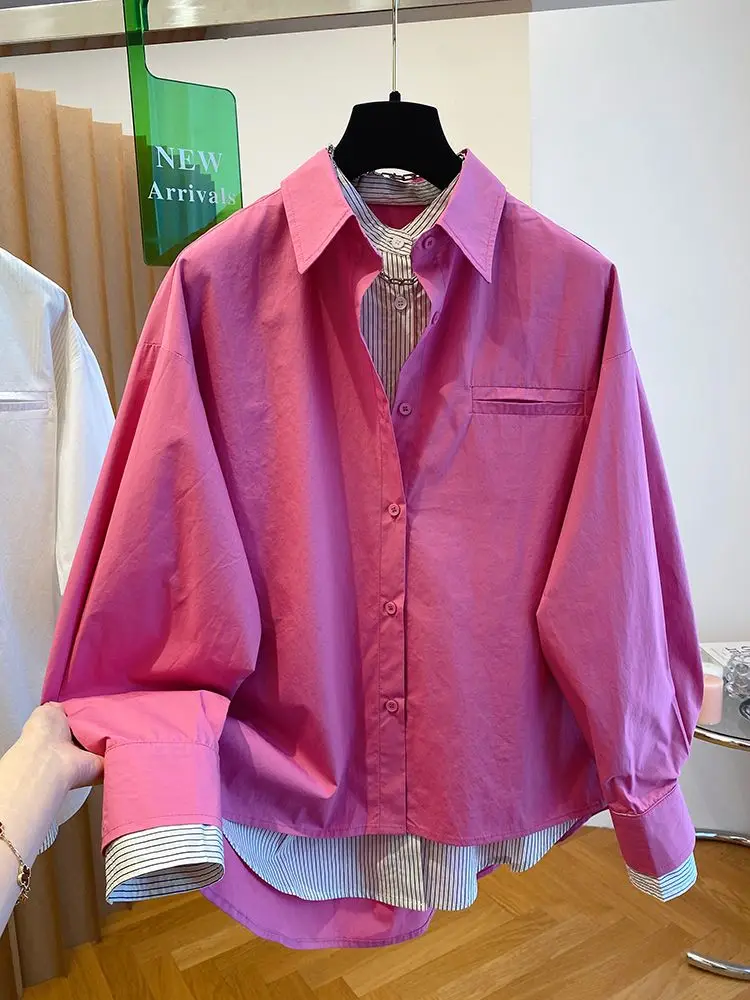 

Поддельные две свободные рубашки, женские весенне-осенние 2023, новые свободные повседневные розово-розовые хлопковые рубашки, топ