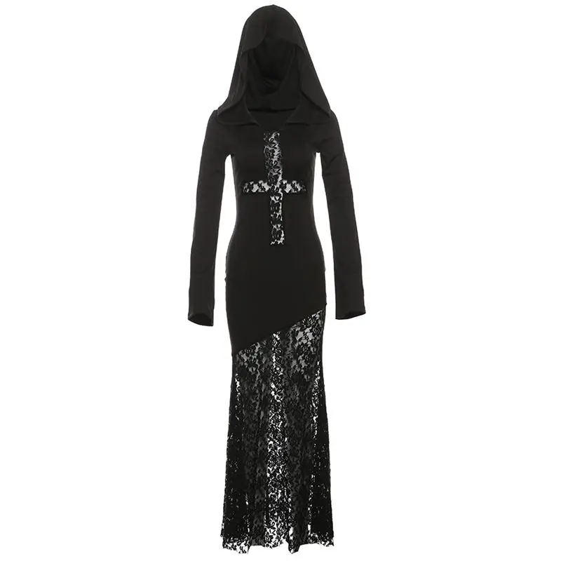 CUTENEW Halloween Cross Tribal Witch Style Lace Patchwork Hooded Dress Women's Tight Bodycon Dress