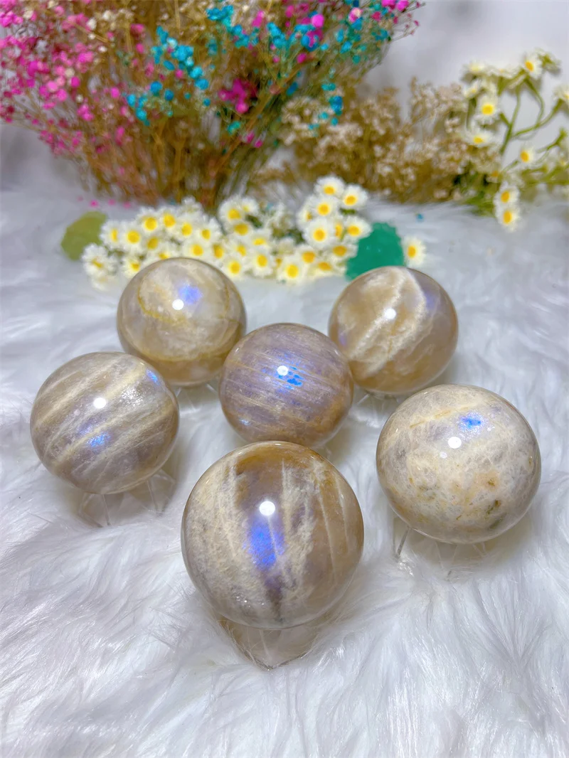 Natura Crystal Moonstone SPhere With Rain Bow Free Form Reiki Healing Stone Home Decoration Exquisite Gift