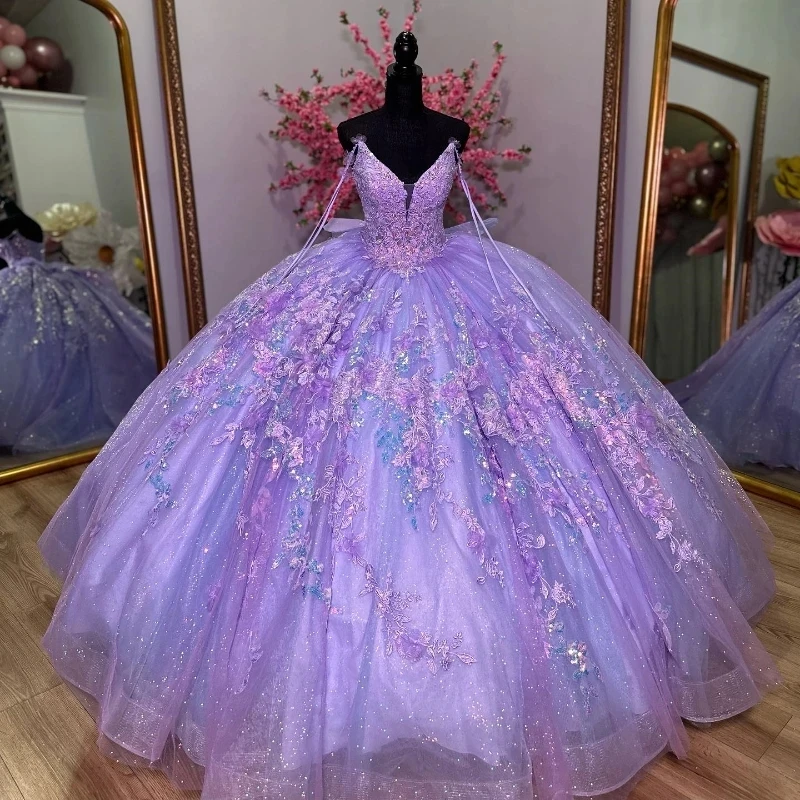 

Lavender Off Shoulder Glittered Quinceanera Dress 2024 Voluminous Sequins Vestidos Prom Vestidos De Baile Tulle Applique Beads