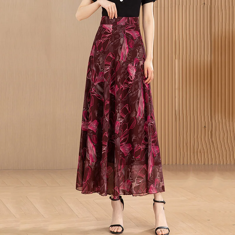 New Women Summer Floral Skirt Fashion Stretch High Waist A-line Print Chiffon Skirt Casual Easy match Beautiful Long Skirt