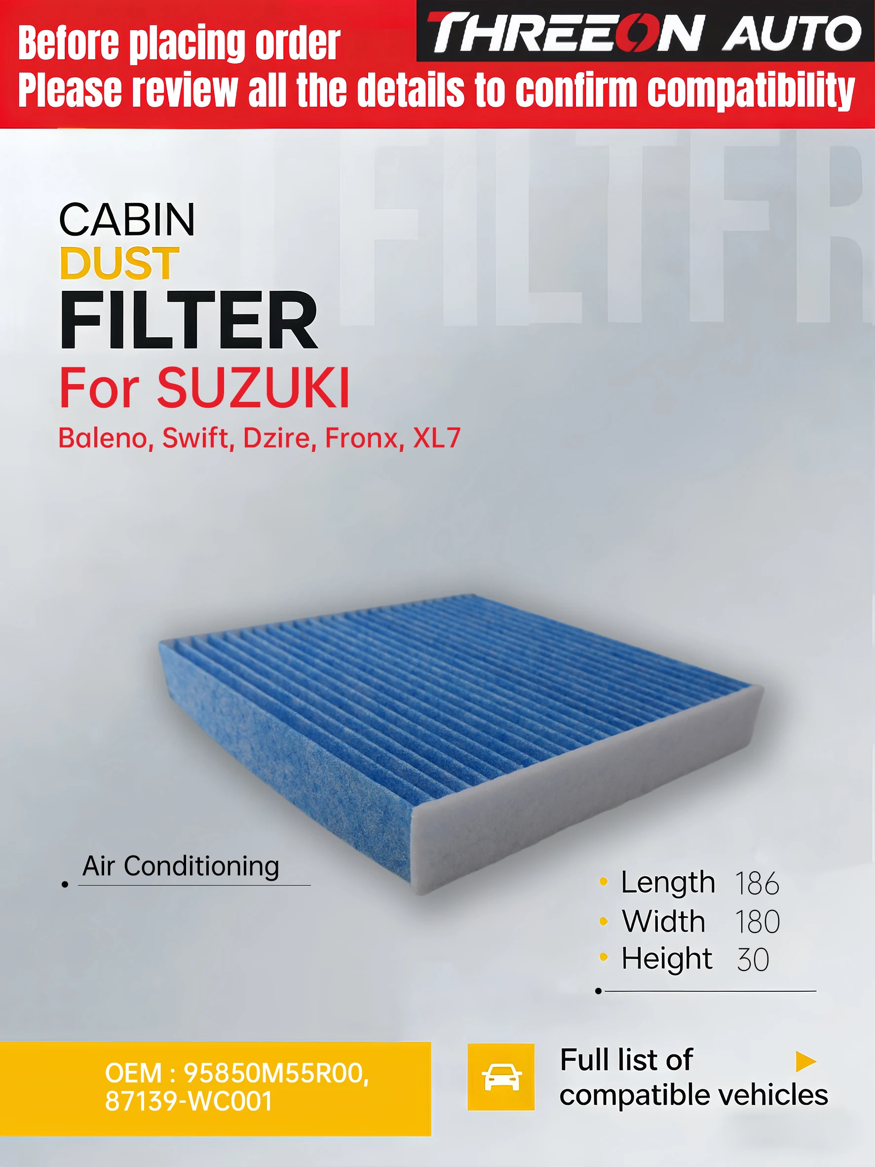

For Suzuki Baleno Ertiga 2015-2026 Dzire 2015-2020, Swift mk5 6 2017-2026, Fronx Starlet Rumion THREEON Cabin Filter 95850M55R00