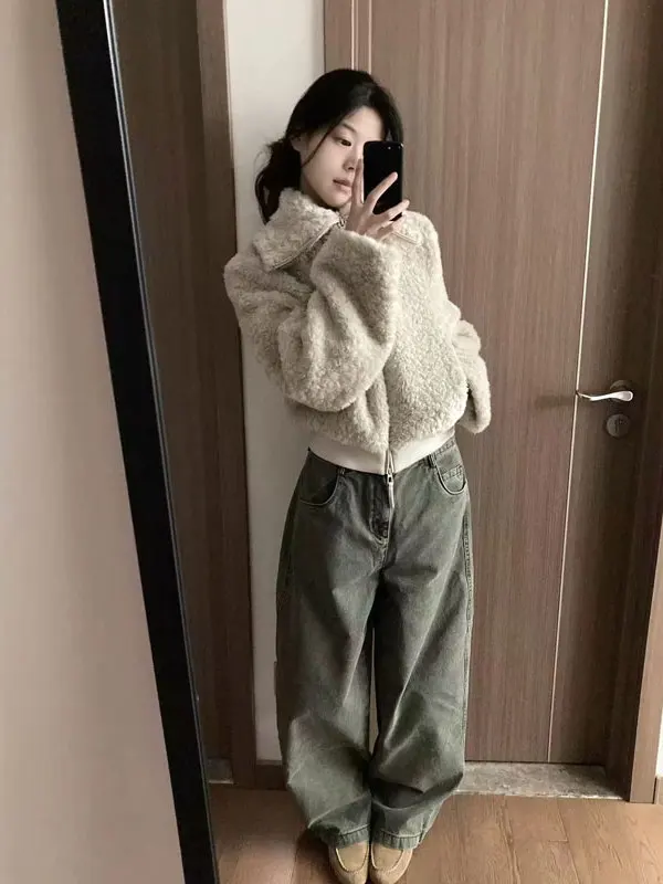 

Korean Sle Unique Super Cute Collared Fur Coat Women's Winter New Small Size Ele Loose Slimming Top ort Outerwear