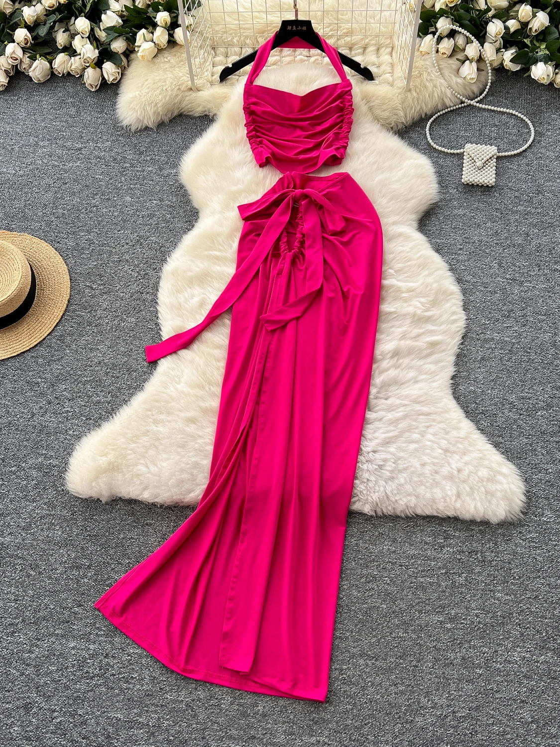 

Gagaok Beach Vacation Beach Skirt Set 2025 Summer Sexy Pleated Hanging Neck Short Backless Top+high Waist Slit Slim Fit Skirts