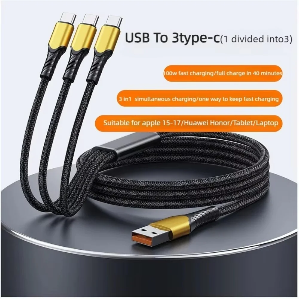 100W USB C to Triple Type C Fast Charging Braided Data Cable Multi-head Charging Cord for iPhone Huawei Xiaomi17 Pro Max Samsung