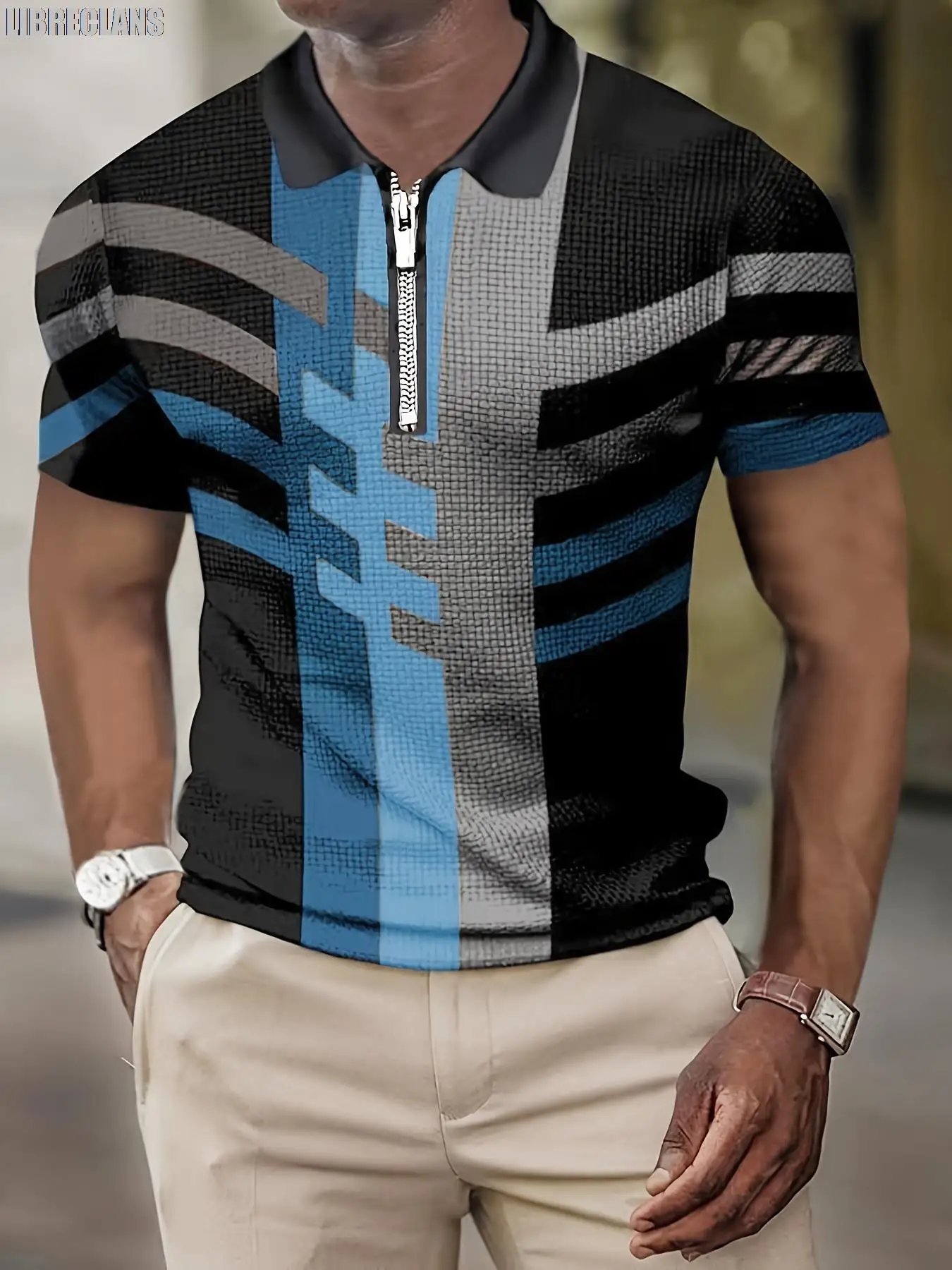 2023 New Men's Short-Sleeved POLO Shirt Summer Retro Striped 3D Printed Top Zipper Lapel Slim POLO Men's Casual Clothing