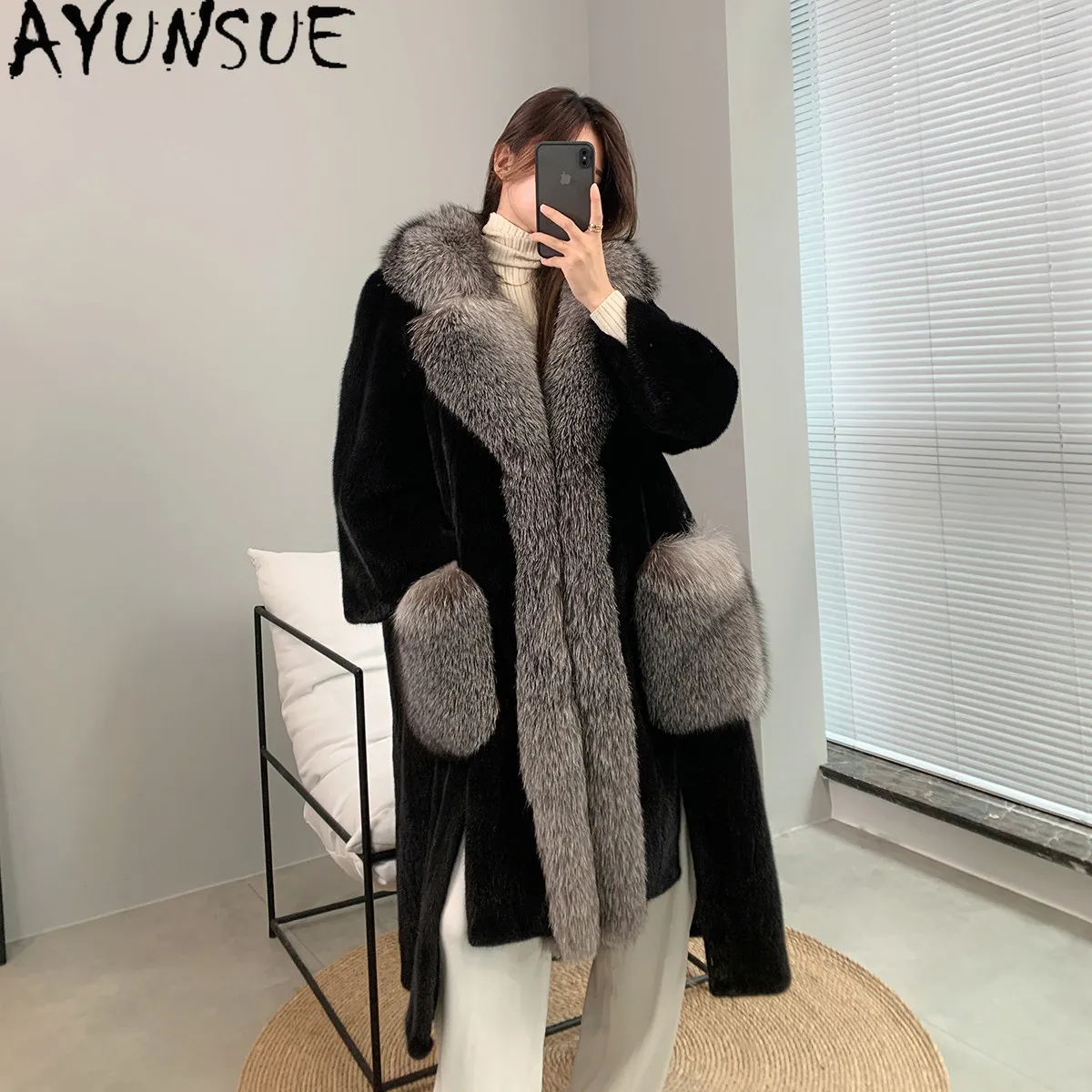 AYUSNUE Natural Whole Mink Coat Women Clothing Velvet Mink Fashion Winter Jacket Woman Warm Fox Fur Cuffs Long 110cm Casacos