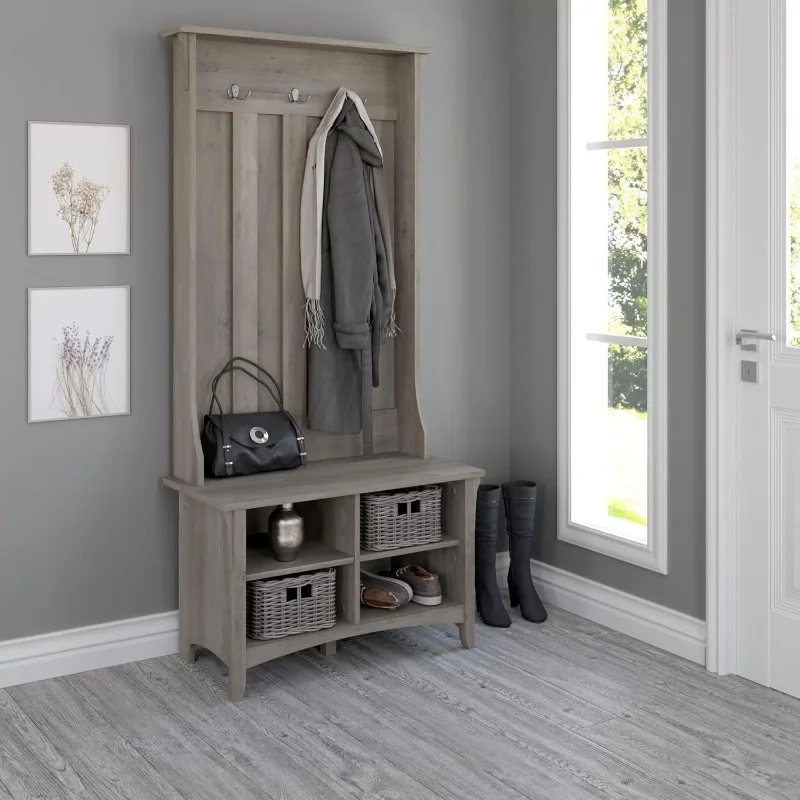 SAS532DG-03 Salinas Hall Tree with Shoe Storage Bench, Driftwood Gray