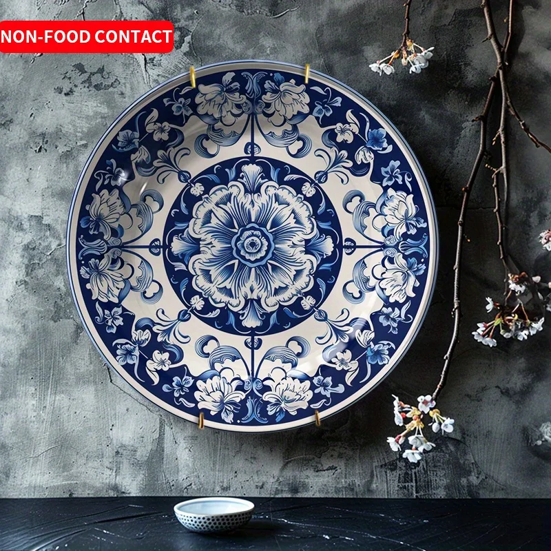 1pc Elegant Blue and White Floral Ceramic Decorative Plate - Hand-Painted Vintage Design, Non-Food Contact, Ideal for Home,