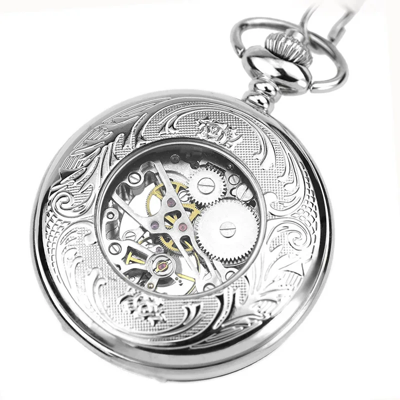 Montre de poche mécanique à remontage manuel pour homme avec porte-clés, cadran à chiffres arabes, ton argent, boîtier creux, rétro, luxe, cadeau de Noël JONice