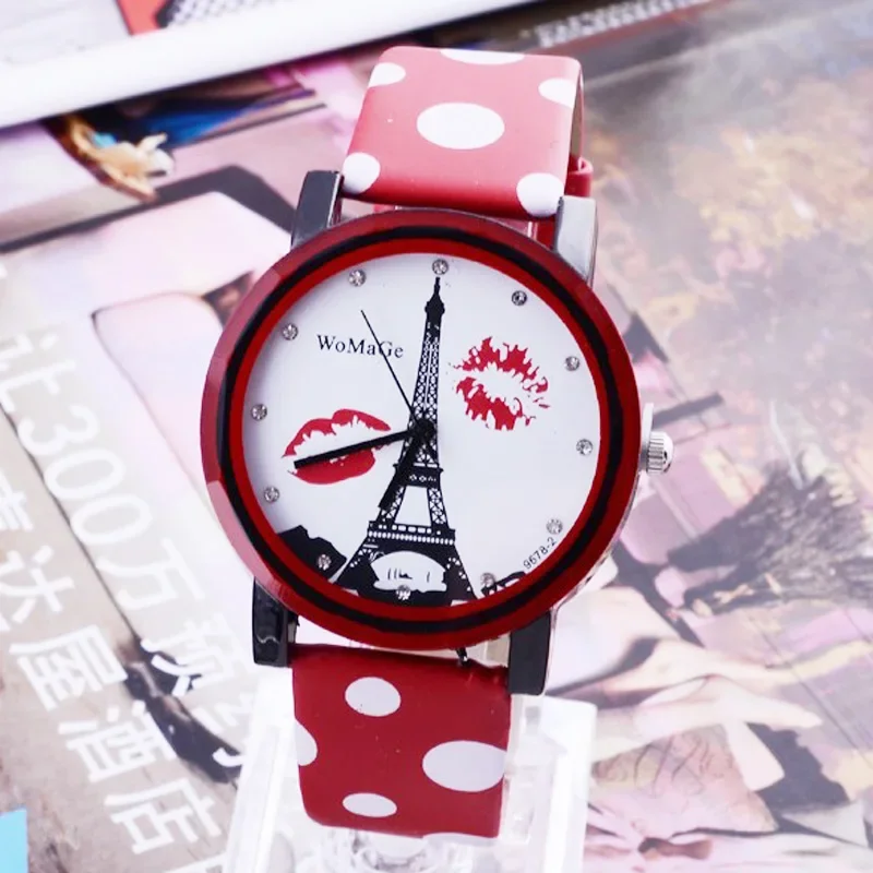 Hot Sale New Eiffel Tower Watch Polka Dot Watch Women Red Watches WOMAGE Casual Leather Band Quartz Wristwatches bayan kol saati