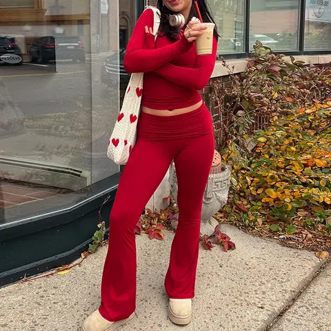 Women Solid Yoga Pants Set Slim Fit Cropped T-shirt and Folds Over Flare Pants 2 Piece Lounge Spring Fall Workout Jogger Outfits