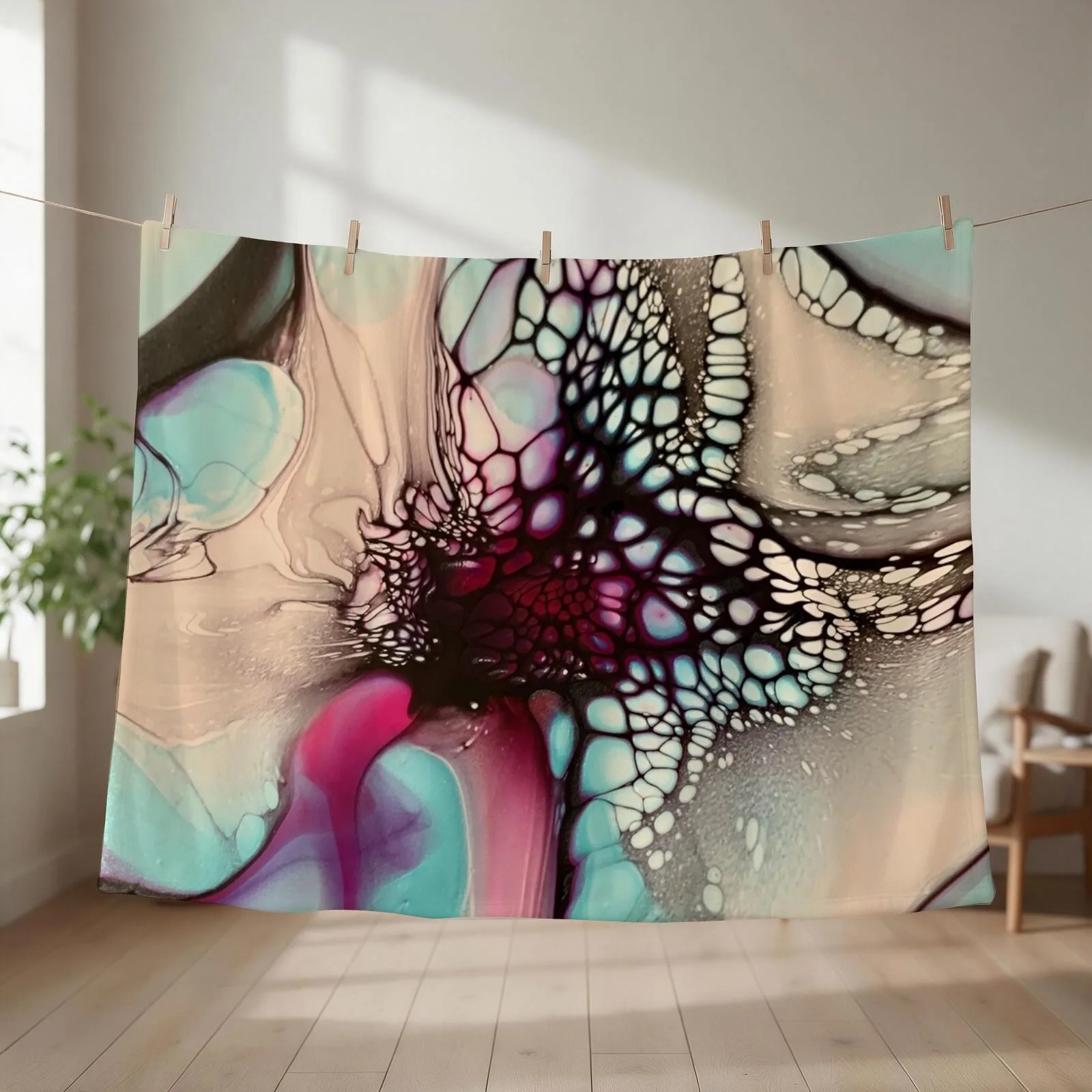 Beautiful Blue and Magenta Flower Inspired Abstract Fluid Acrylic Pour Throw Blanket