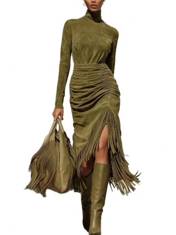 

African Elegant Turtleneck Woman Sexy Solid Slim Tassel Dress Long Sleeve Spring Autumn Dress 2026 Elegant Long Maxi Dresses