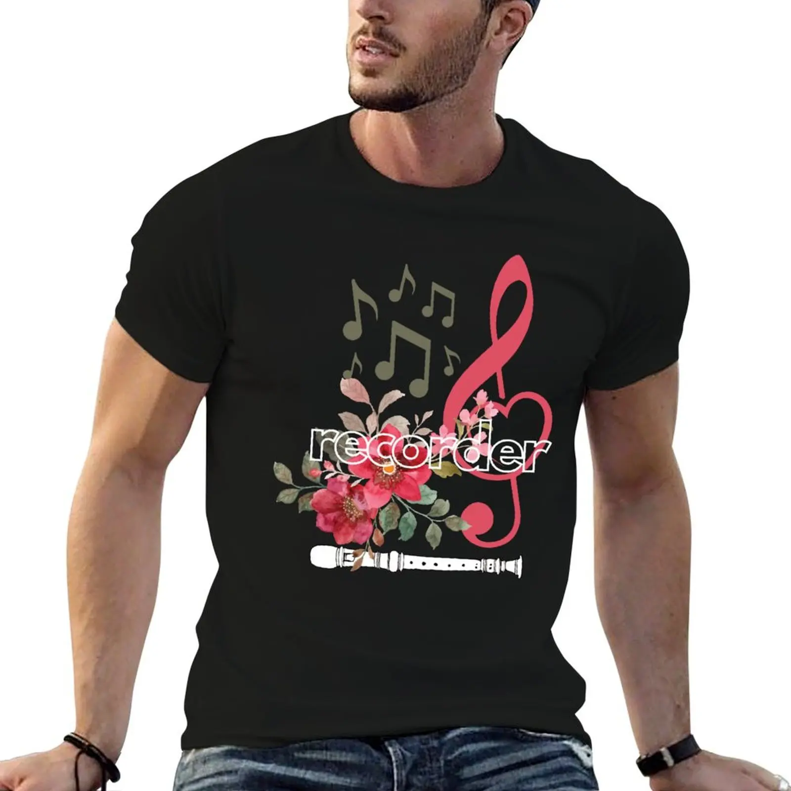 recorder - flowers with clef T-Shirt plus size tops blacks cheap stuff Men's t-shirts