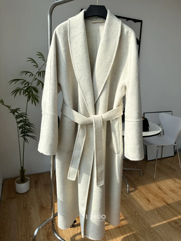 

Solid Color High Quality Double-sided Wool Cashmere Coat Women Fashion Loose Long Laepl Wool Coat Female Bathrobe Autumn Winter