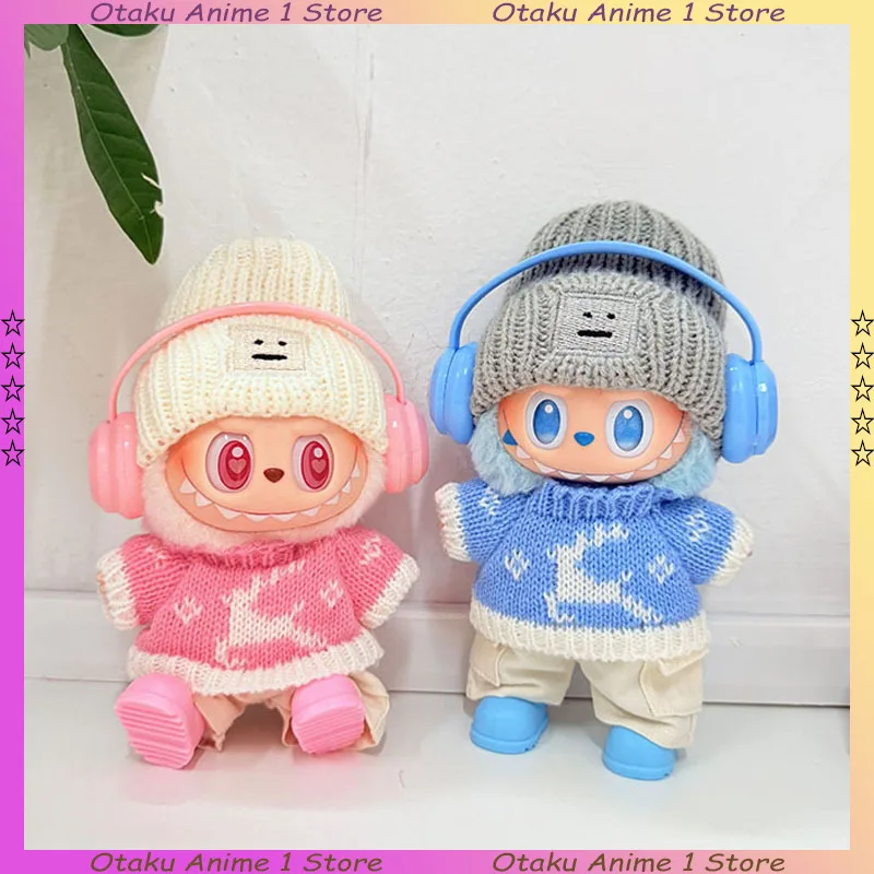 Voor Labubu Kleding Leuke Elanden Trui Bont Met Oor Afgedekte Konijn Hoed Set Mini Pluche Pop Kleding Mode Pop Accessoires Cadeau