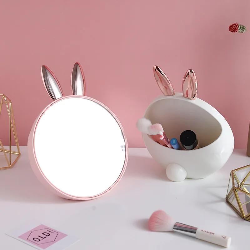 CASHOU29 Round Makeup Mirror with Cosmetic Storage Box Creativity Cute Rabbit Ear Design Make Up Standing Mirror with Brush