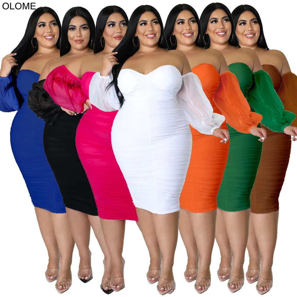 Drop Shipping Mesh Long Sleeves Plus Size Women Dress Sexy Slash Neck Nightclub Bodycon Dresses 4XL 5XL Autumn Winter