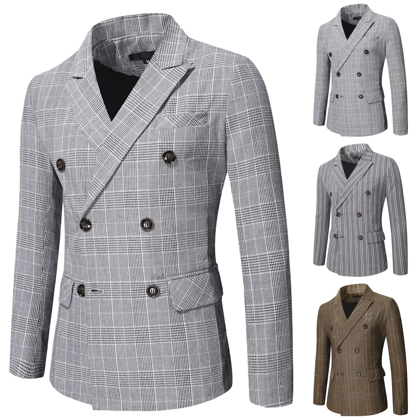 New Fashion Hot Selling Men's Casual Suit Male Autumn And Winter Suit Double Breasted Plaid Button Lapel Pocket Long Sleeve Coat