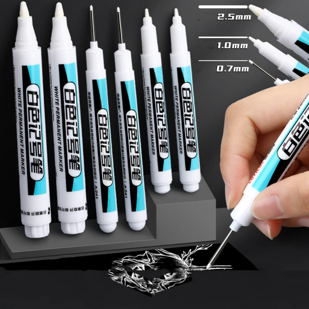 2pcs White Permanent Marker Pen 0.7/1.0/2.5mm Quick-Drying Ink for Painting Wood Plastic Leather Glass Stone Metal Craft Marking