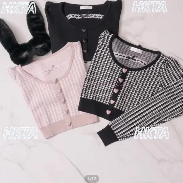 Japanische Spitze Verziert Samt Herz Taste Hahnentritt Gestrickte Pullover Herbst Neue Elastische Slim Fit Langarm Pullover Frauen