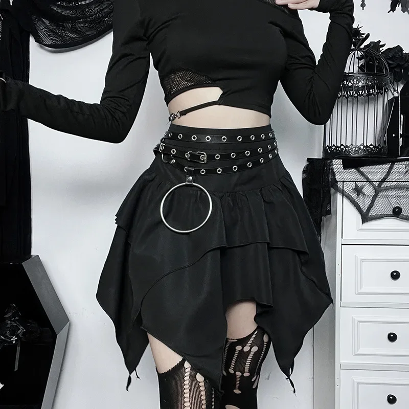 New Sexy Women Gothic Punk Irregular Skirts Solid Color Drawstring Tie-Up Ruched Ruffles Mini Skirt Summer Fashion Short Skirts