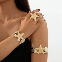 Golden Starfish Shell Cuff Bracelet Rings for Women 2024 New Trendy Arm Bangle Boho Summer Beach Party Jewelry Set Accessories