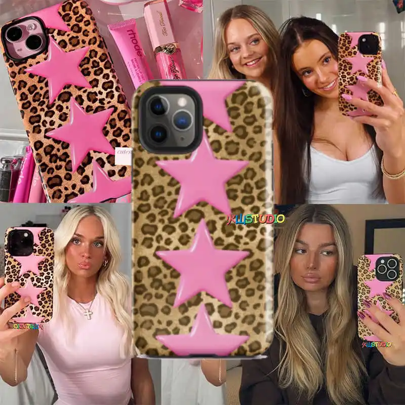 

Pink Cheetah Sparkling Star For IPhone 16 Promax Phone Case Black Soft 15 14 13 12 11 Pro XS XR 8 Plus SE High Quality Cover Y2k