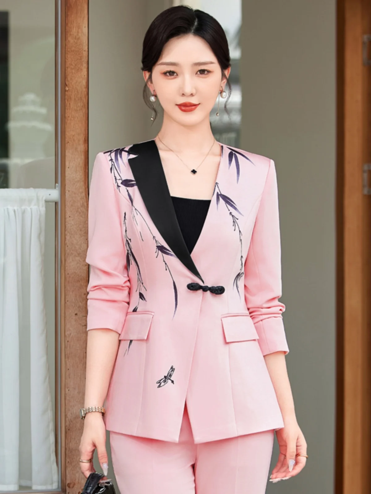 

Новый китайский костюм с цветочным принтом, женский, модный, приталенный, высококачественный, элегантный, профессиональный деловой костюм-брюки