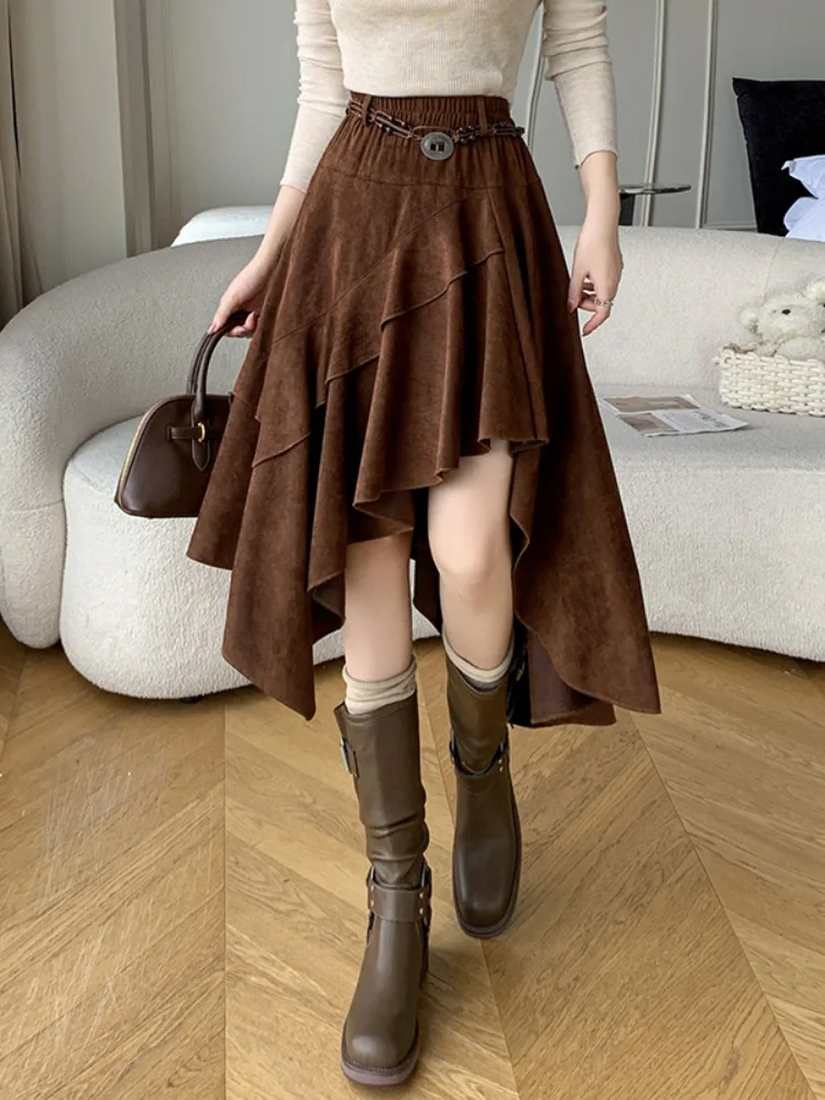 

Ретро-юбка А-силуэта из оленьей кожи с бархатным эффектом, женская, весенне-осенняя, асимметричная, с завышенной талией, миди