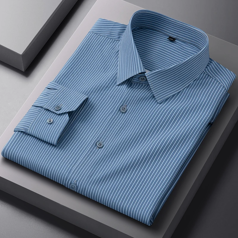 Men's Elastic Plaid Strip Casual Long Sleeve Shirts For Spring Autumn Slim Fit Formal Fashion Easy-care Elegant Business Clothes