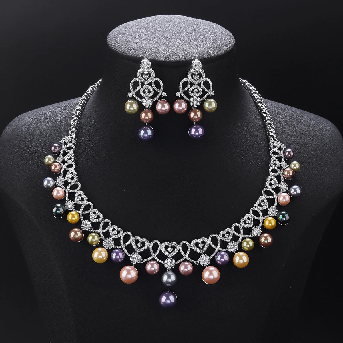 Beautiful Fashion Heart Design White Cubic Zirconia Pearl Necklace Wedding Jewelry Set for Women  Party Jewelry Gift CN11568