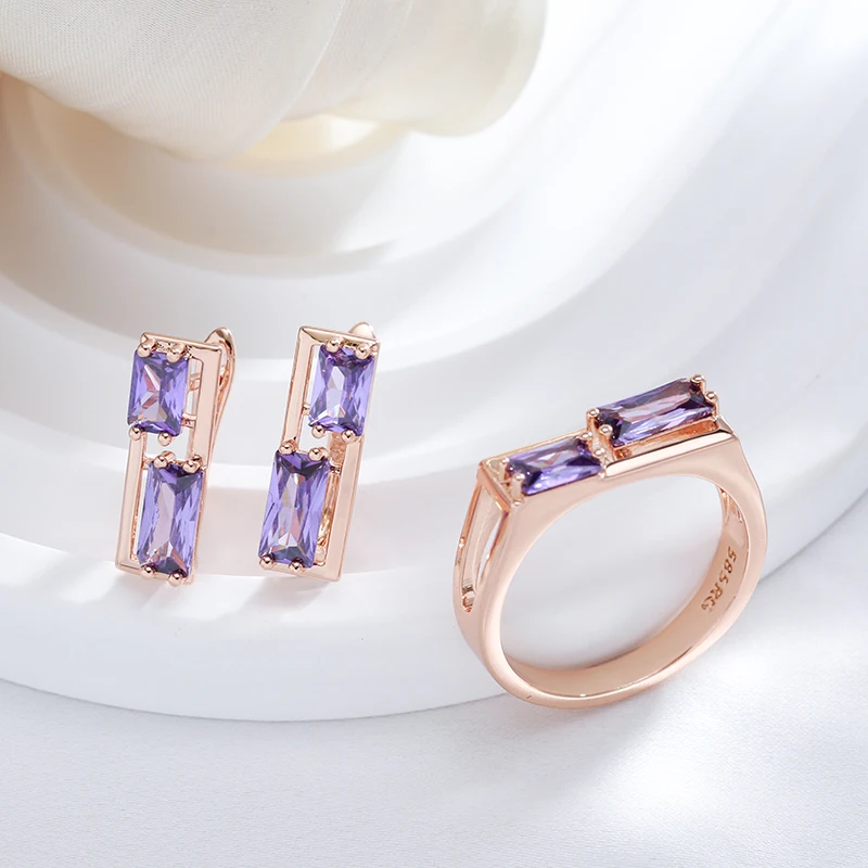 JULYDREAM Prong Inlay Purple Zircon Hollow Geometric Rings for Women 585 Gold Color Light Luxury Jewelry Party Daily Accessories