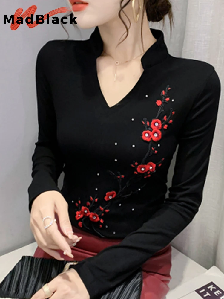 

Classic Design Tshirt Embroidered Flower Stand Collar Hot drill Long Sleeves T-shirts Bottoming Tees Fashion Tops Autumn T29522X