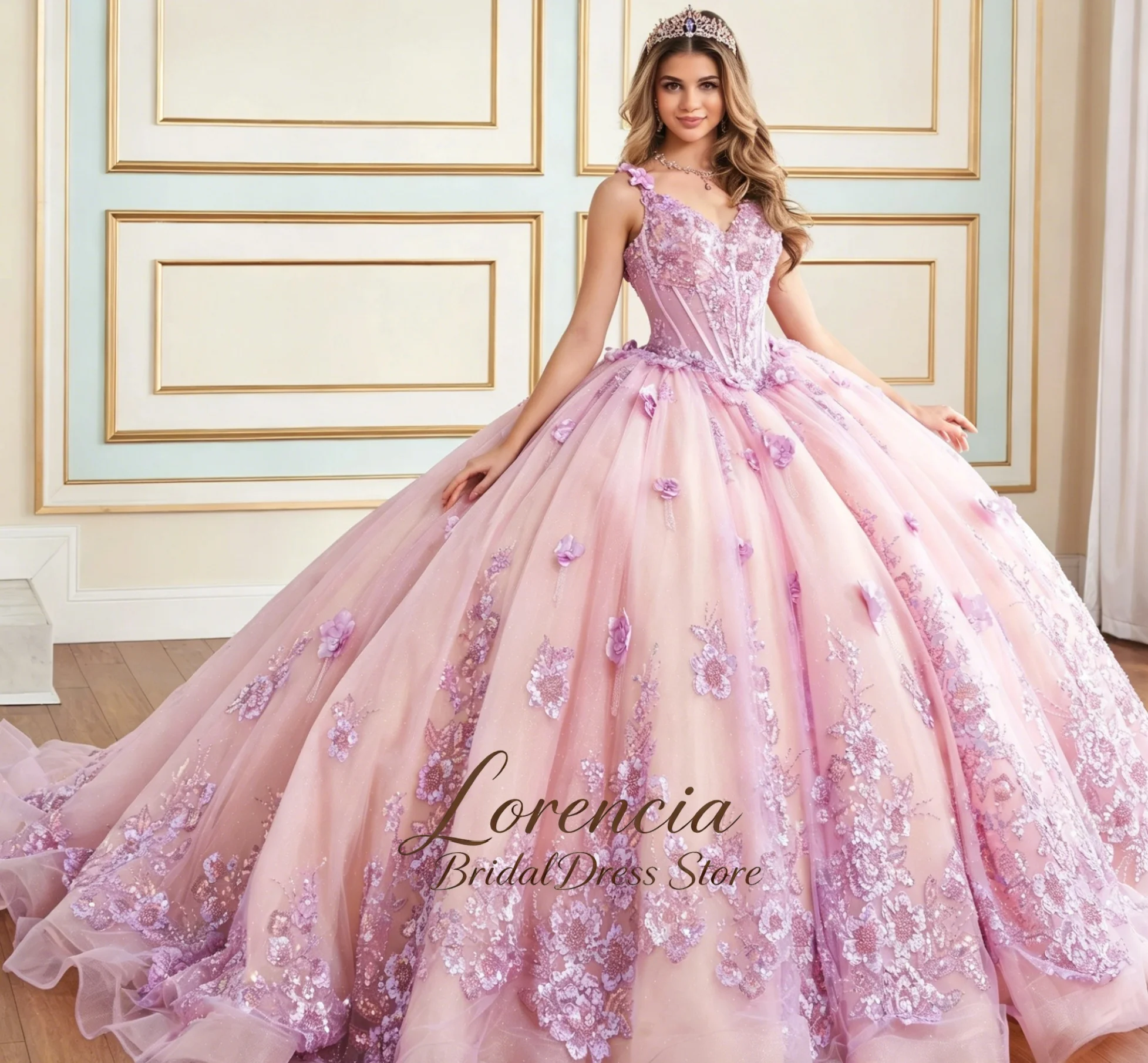 Elegant V-Neck Quinceanera Dress With 3D Flowers Sequin Lace Corset Bodice Customized Ball Gown vestido de 15 quinceañera