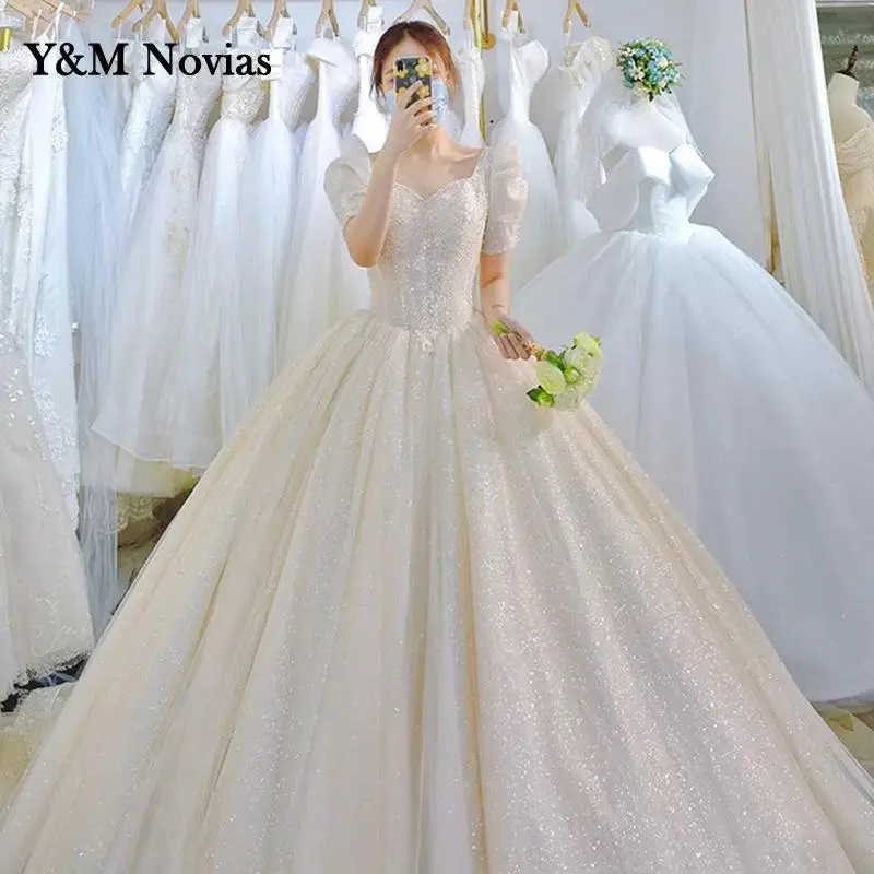 Y & m novias plus size hochzeits kleid shor ärmel schöne applikation glänzender ballkleid boden oder fegen zug pailletten vestido de noiva