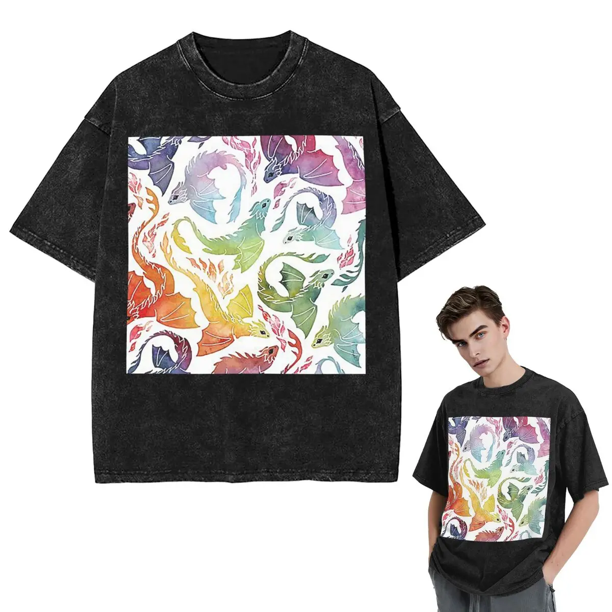 

Уличная одежда, футболки Dragon Fire, радужная стираная футболка с короткими рукавами, футболка в стиле хип-хоп, топы, футболки для мужчин и женщин