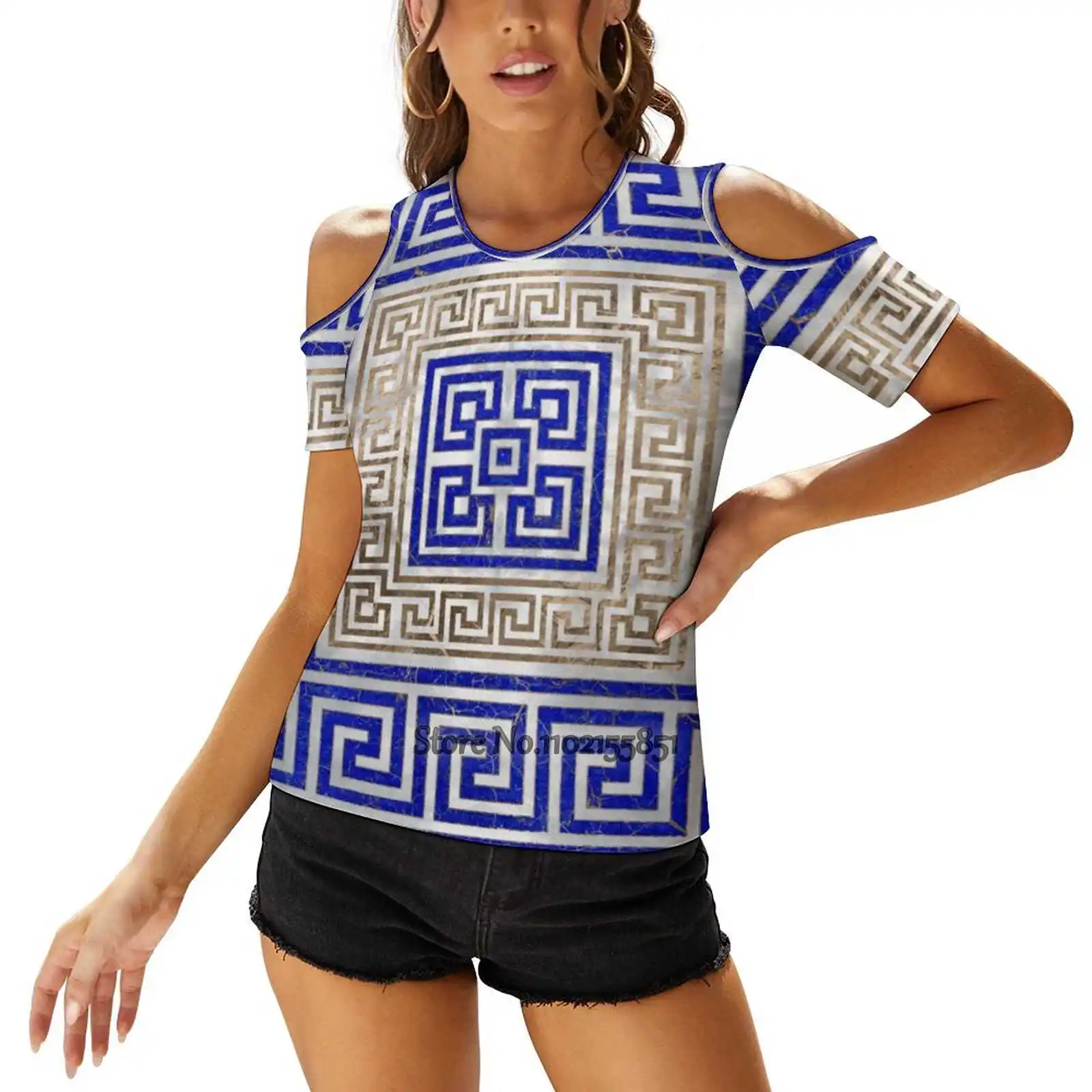 Greek Key Ornament - Lapis Lazuli And Gold #1 Women T-Shirt Back Lacing Sexy T Shirts Hollow Out Pullover Top Greek Ornament