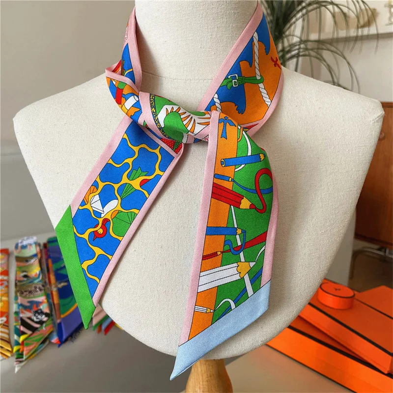 100% Silk High Quality Luxury Brand Goods Scarf Women Headband Decorative Filament Foulard Tie Ribbon Neckerchief Skinny Scarves